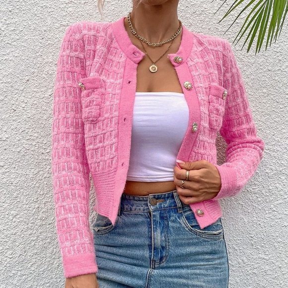 Pink Casual Womens Pocket Patched Button Front Cardigan - Picture 3 of 5